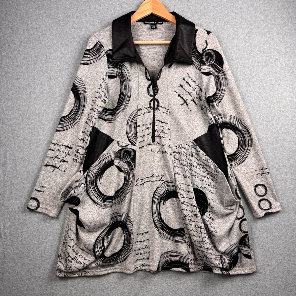 Michael Tyler Top Womens Medium Gray Black Abstract Script Tunic Art to Wear Zip
